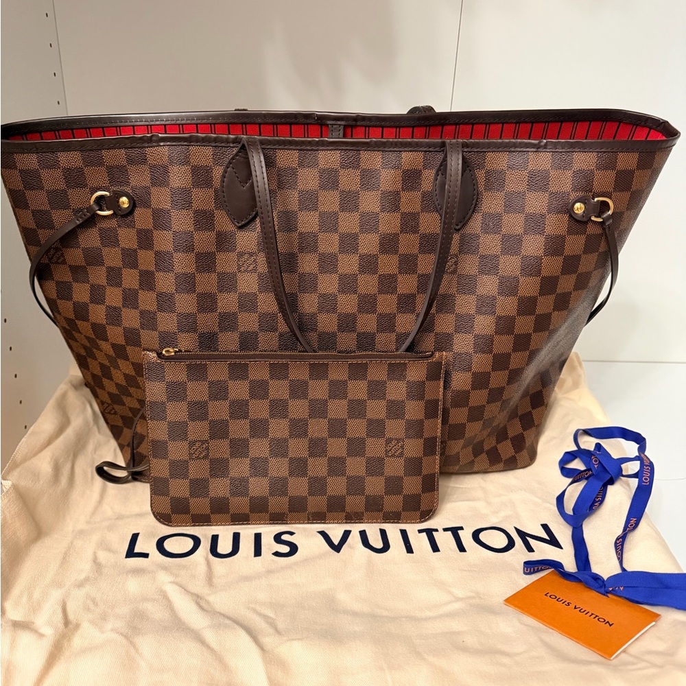 Louis Vuitton Brown Checkered Tote with Red Interior
